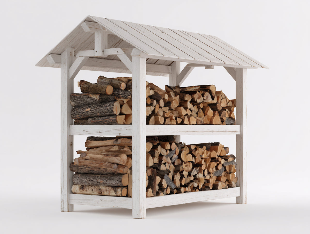 Kaminholzregal aus Holz 150x65x175 cm - Weiß Grau - Mit Satteldach und 2 Lagerebenen