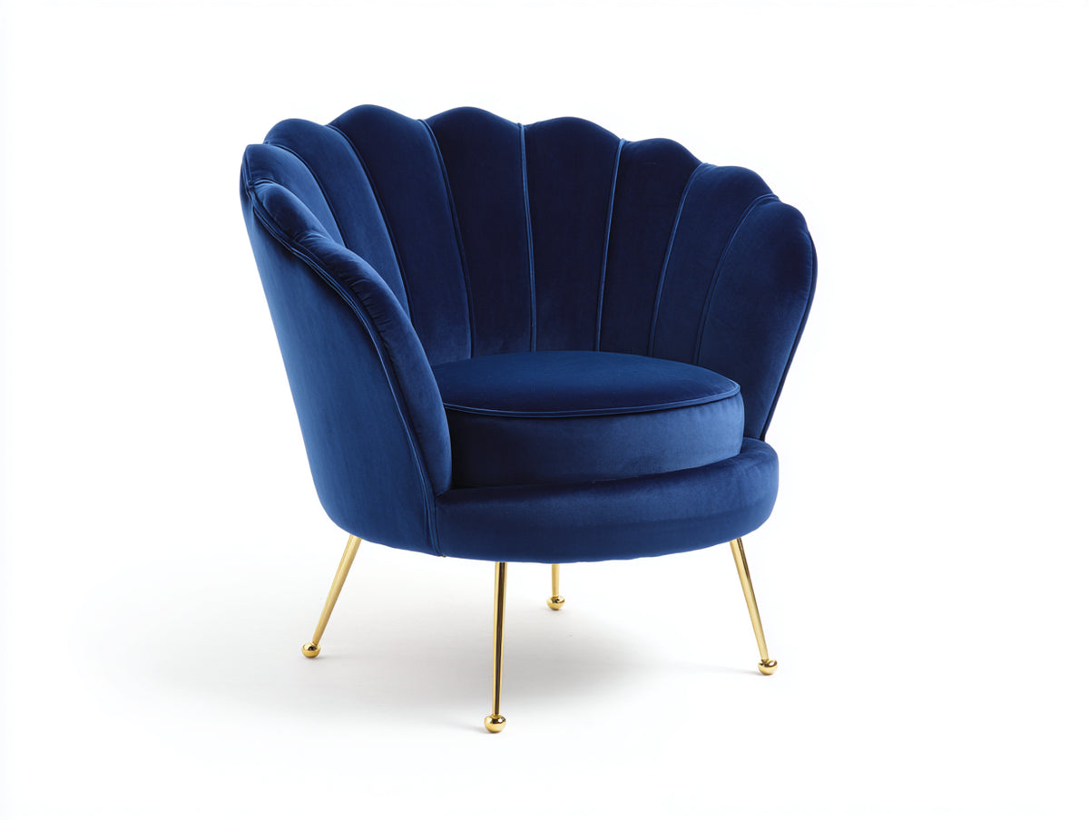 Sessel mit Samtbezug 90 x 85 x 88 cm - Dunkelblau-Gold - Muschelförmige Rückenlehne und Metallfüße für Wohnzimmer und Schlafzimmer