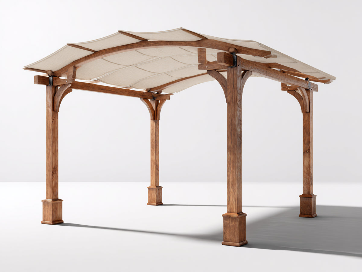 Pavillon aus Holz und Stoff 300x300x270 cm - Naturbraun Beige - Offene Konstruktion mit geschwungenem Stoffdach