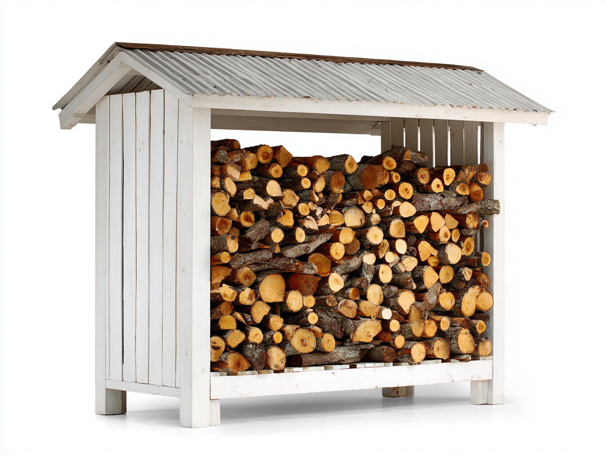 Kaminholzregal aus Holz und Metall 170x70x175 cm - Weiß Grau - Mit Satteldach und offener Front