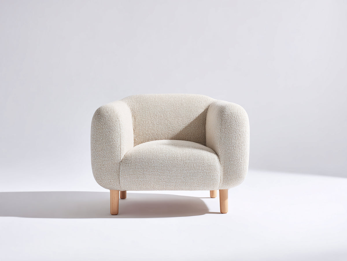 Sessel mit Bouclé-Bezug 82 x 78 x 75 cm - Creme- Naturholz - Rund gepolstert mit Holzfüßen für Wohnzimmer und Schlafzimmer