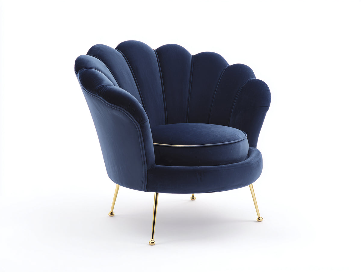Sessel mit Samtbezug 92 x 86 x 90 cm - Dunkelblau-Gold - Muschelförmige Rückenlehne und Metallfüße für Wohnzimmer und Schlafzimmer