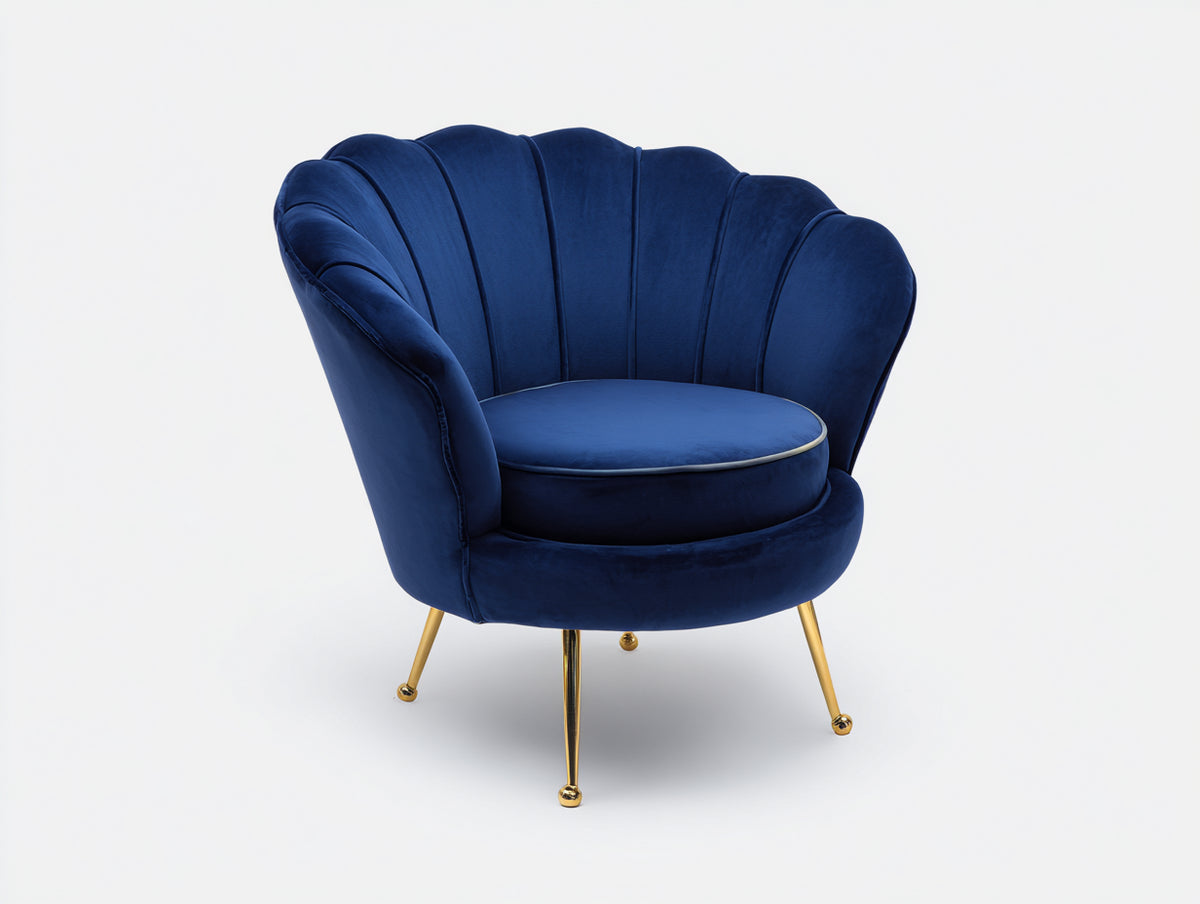 Sessel mit Samtbezug 85 x 78 x 82 cm - Dunkelblau-Gold - Muscheldesign mit Metallbeinen