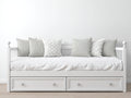 Schlafsofa aus Holz und Stoff 210 x 95 x 90 cm - Weiß und Cremeweiß - Landhausdesign mit 2 Schubladen für Wohnraum und Gästezimmer