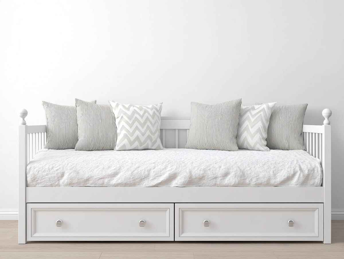 Schlafsofa aus Holz und Stoff 210 x 95 x 90 cm - Weiß und Cremeweiß - Landhausdesign mit 2 Schubladen für Wohnraum und Gästezimmer