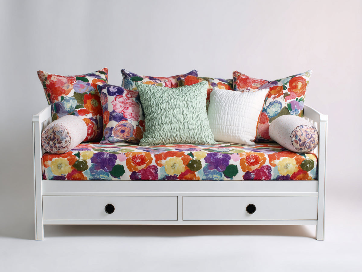 Schlafsofa aus Holzwerkstoff 195 x 95 x 88 cm - Weiß-Mehrfarbig - Mit gepolsterter Liegefläche und 2 Schubladen für Schlafzimmer und Gästezimmer