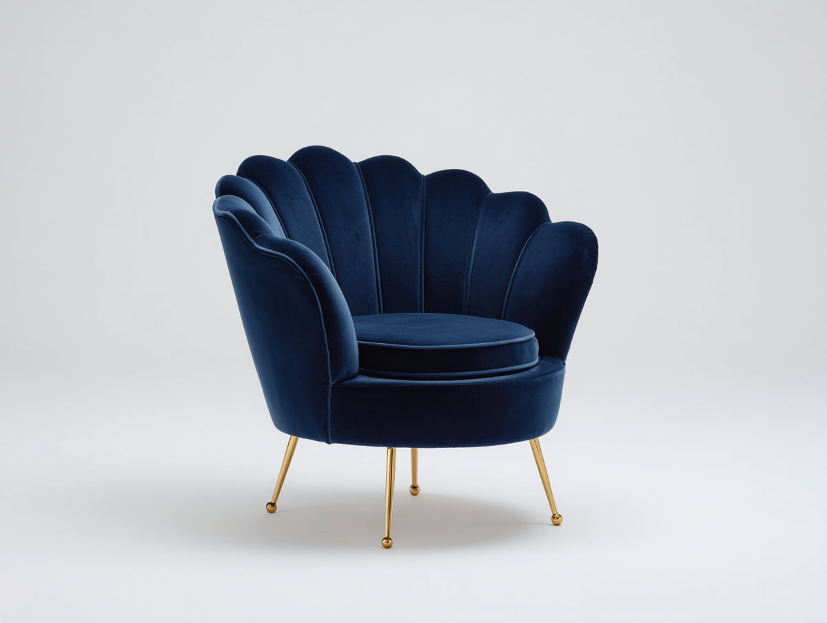 Sessel aus Samt 95 x 85 x 105 cm - Dunkelblau und Goldfarben - Muscheldesign mit Metallbeinen für Wohnzimmer und Schlafzimmer