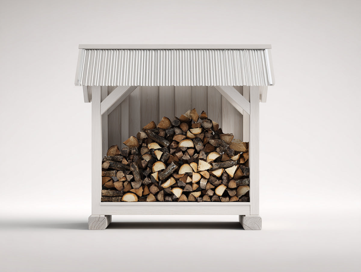 Kaminholzregal aus Holz und Metall 120x55x150 cm - Weiß Silberfarben - Mit Wellblechdach und offener Front