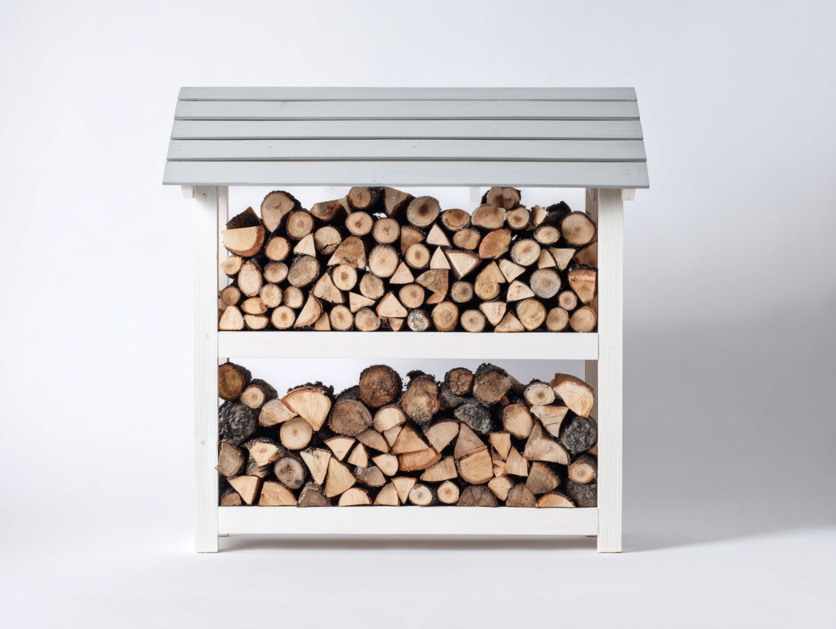 Kaminholzregal aus Holz 130 x 55 x 150 cm - Weiß und Grau - Zweistufiges Design mit Pultdach für Garten und Terrasse
