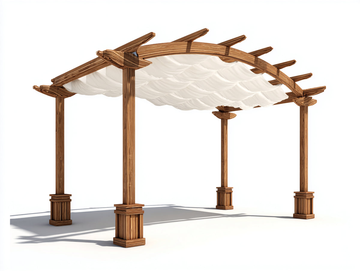Pavillon aus Holz und Stoff 380 x 300 x 265 cm - Naturbraun und Cremeweiß - Offenes Pergoladesign mit gewölbtem Stoffdach für Garten und Terrasse