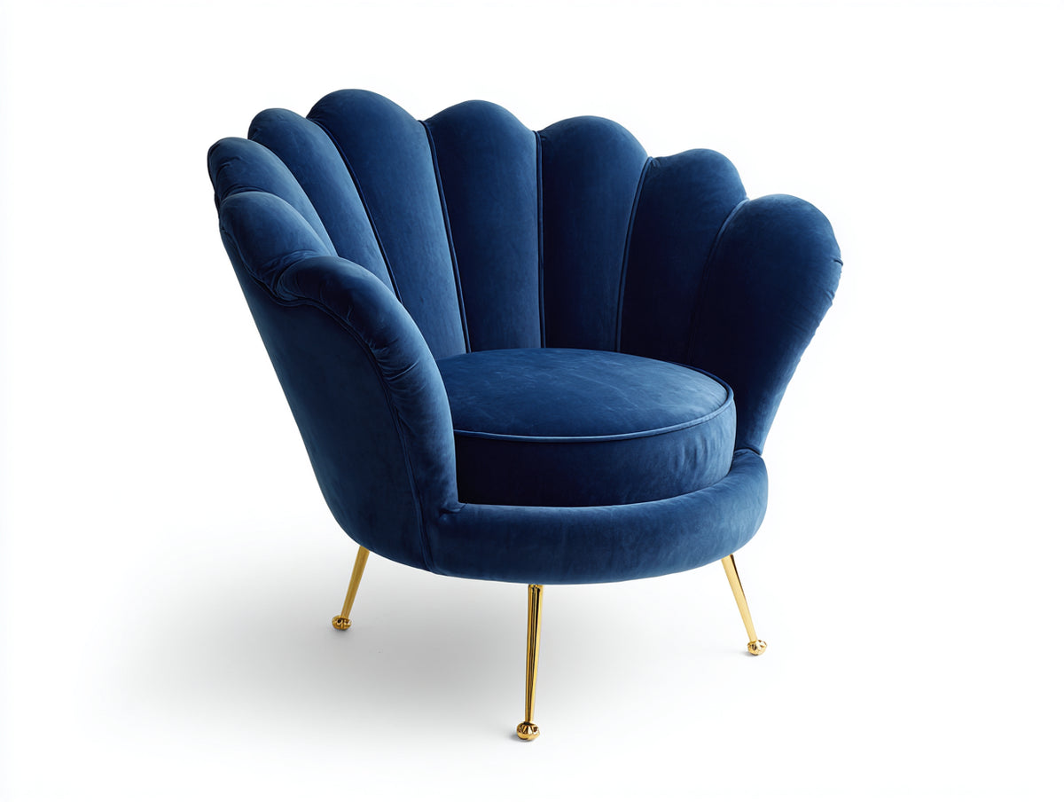 Sessel aus Samt 105x90x100 cm - Dunkelblau - Muscheldesign mit goldfarbenen Metallfüßen