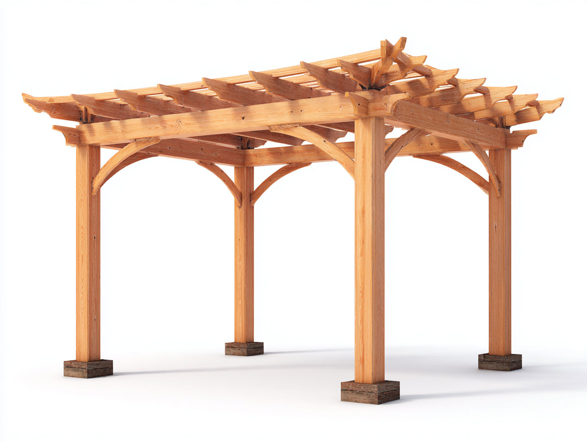 Pavillon aus Holz 400 x 320 x 280 cm - Naturbraun - Offenes Pergoladesign mit dekorativen Dachsparren für Garten und Terrasse