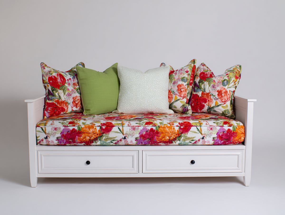 Schlafsofa aus Holz und Stoff 200 x 90 x 85 cm - Weiß und Mehrfarbig - Landhausdesign mit 2 Schubladen für Wohnraum und Gästezimmer